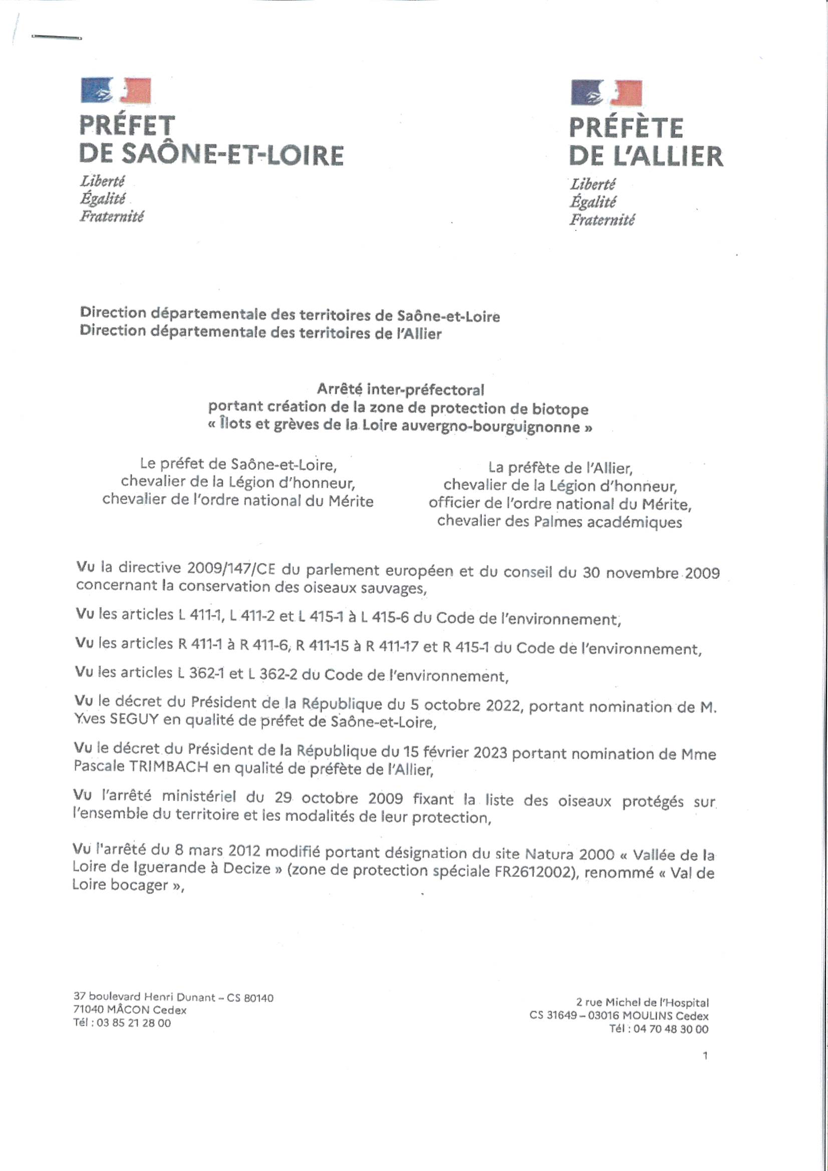 Arrêté inter-préfectoral portant création de la zone de protection de biotope 'îlots et grèves de la Loire auvergno-bourguignonne'